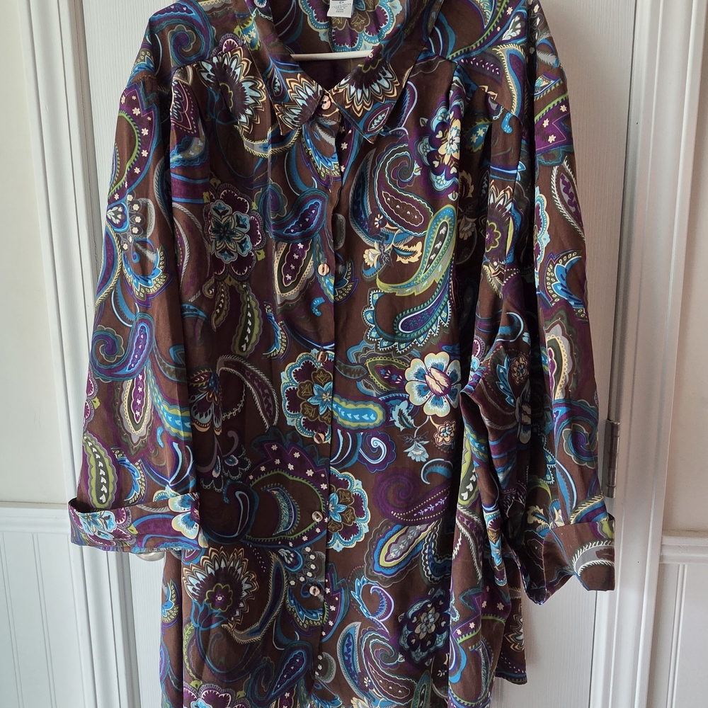Only Necessities Brown Paisley Button-Up with Teal & Purple Accents